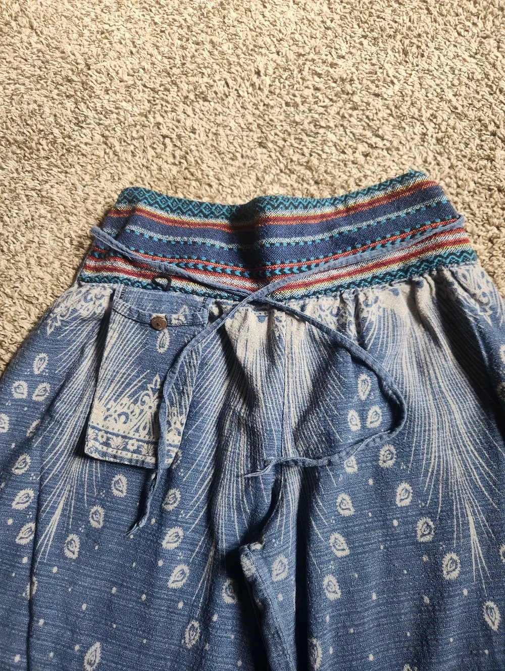 Boho Wide Leg Elephant Print Pants in Blue & Cream - Picture 3 of 4